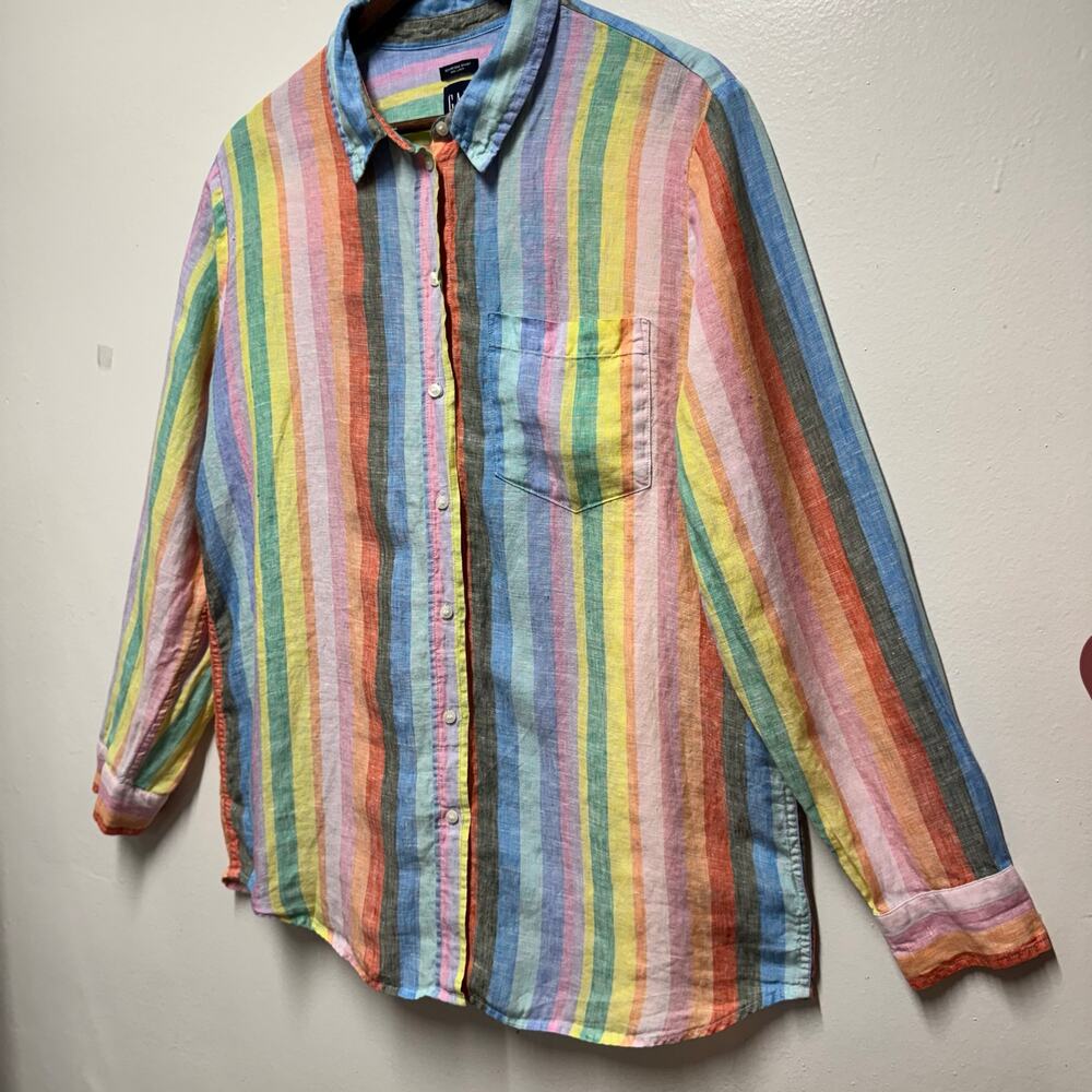 GAP Boyfriend Shirt Linen Stripe Button Up Top Sz L Coastal Beach Colorful - Picture 3 of 10